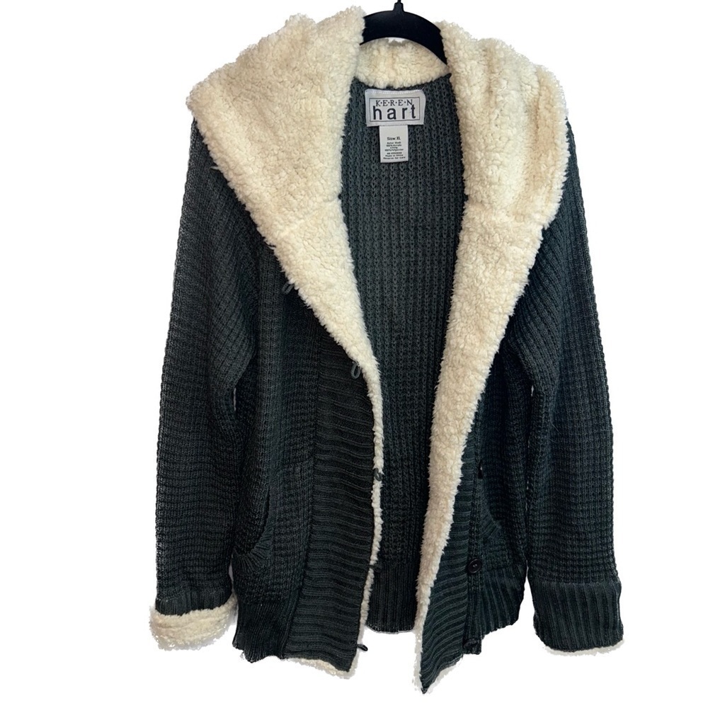 Keren Hart Jacket Sweater Knit Hooded Faux Fur Lined Loop Button Front Pockets